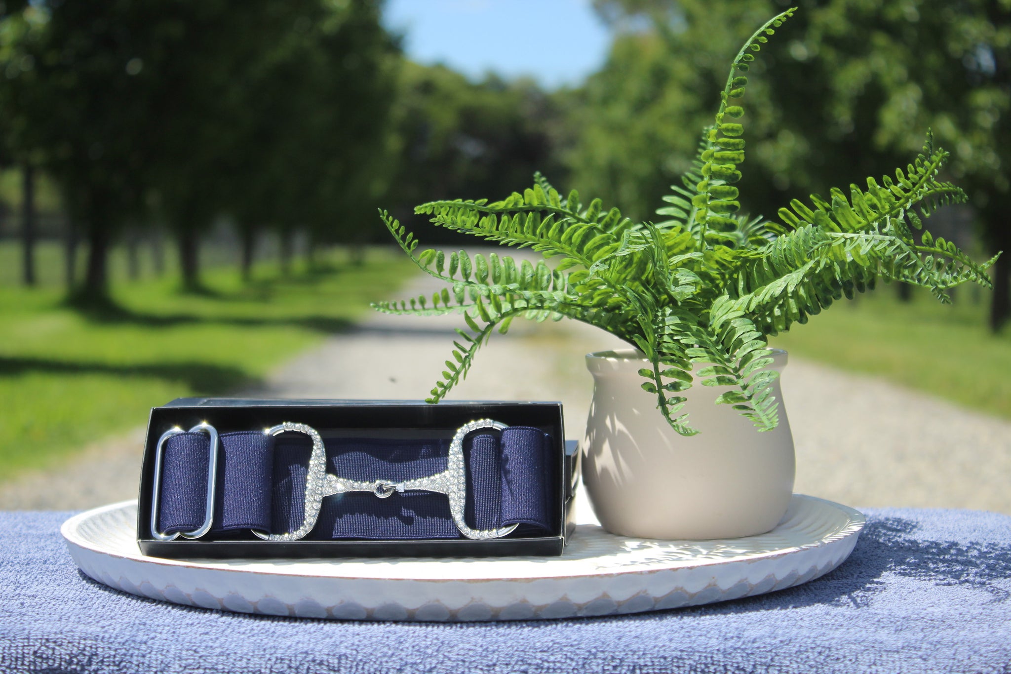 Apsley Navy/Silver Diamanté elastic snaffle belt 2 inch